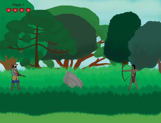 Tela do minigame. À esquerda, no topo, o texto PLAYER 1. Abaixo, quatro símbolos de corações vermelhos. No primeiro plano, ao lado esquerdo, um bandeirante. Este usa chapéu e colete bege, botas marrons, camisa e calças azuis. Segura uma espingarda. Ao lado direito, um índio. Este veste tanga marrom e tem pintura corporal na cor preta. Empunha arco e flecha em direção ao bandeirante. No plano de fundo, cenário de floresta.